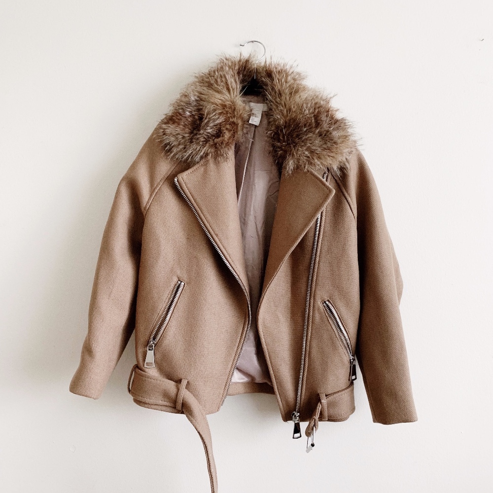 H&M Tan Bomber Jacket Fur Collar
